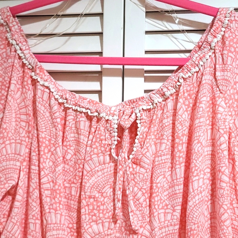 Crown & Ivy drawstring boat neckline top, casual cotton blend w white trim - Picture 1 of 4